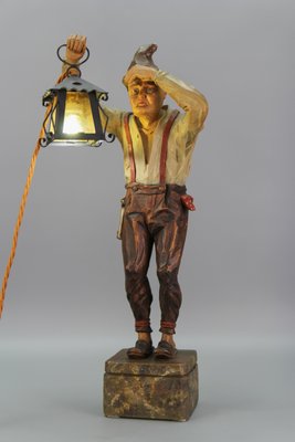 Large Hand-Carved Wooden Sculpture Man with a Lantern, 1930s-KEG-1732612