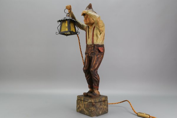 Large Hand-Carved Wooden Sculpture Man with a Lantern, 1930s-KEG-1732612