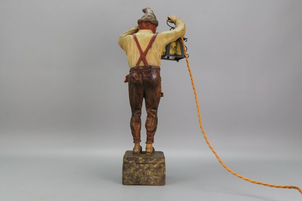 Large Hand-Carved Wooden Sculpture Man with a Lantern, 1930s-KEG-1732612