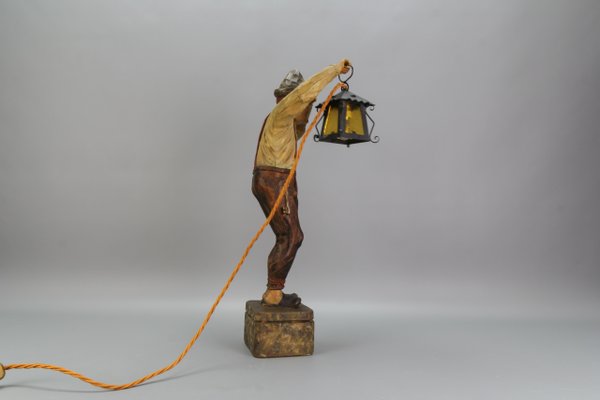 Large Hand-Carved Wooden Sculpture Man with a Lantern, 1930s-KEG-1732612