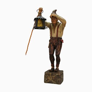 Large Hand-Carved Wooden Sculpture Man with a Lantern, 1930s-KEG-1732612