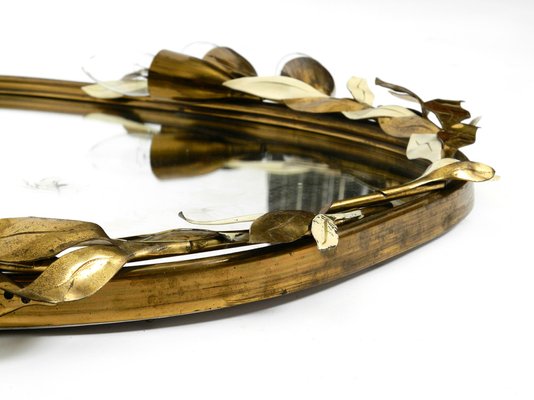 Large Heavy Mid-Century Floral Brass Mirror with Lamps from Vereinigte Werkstätten-RR-974450