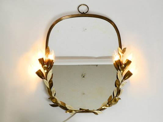 Large Heavy Mid-Century Floral Brass Mirror with Lamps from Vereinigte Werkstätten-RR-974450