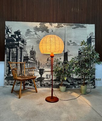 Large Height Adjustable Teak Floor Lamp with Brass Details & Woolen Lampshade from Temde Leuchten, 1960s-JP-1785594