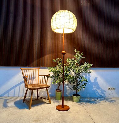 Large Height Adjustable Teak Floor Lamp with Brass Details & Woolen Lampshade from Temde Leuchten, 1960s-JP-1785594