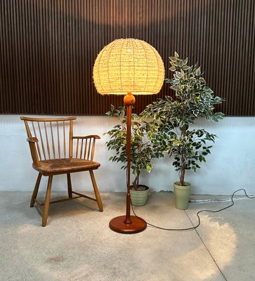 Large Height Adjustable Teak Floor Lamp with Brass Details & Woolen Lampshade from Temde Leuchten, 1960s-JP-1785594