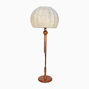 Large Height Adjustable Teak Floor Lamp with Brass Details & Woolen Lampshade from Temde Leuchten, 1960s-JP-1785594