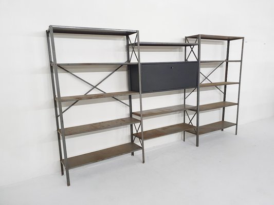 Large Industrial Metal & Wooden Wall Unit from Gispen, Netherlands, 1950s-ZO-1170649