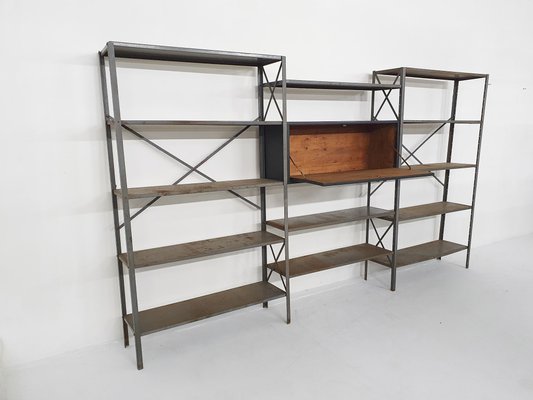 Large Industrial Metal & Wooden Wall Unit from Gispen, Netherlands, 1950s-ZO-1170649