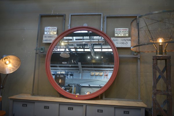 Large Industrial Round Wooden Mirror, 1920s-NEN-2043231