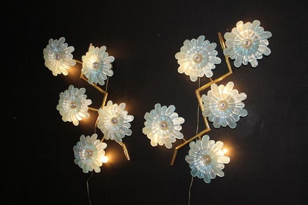 Large Iridescent Blue Murano Glass Flower Sconces, 2000s, Set of 2-YF-1421413