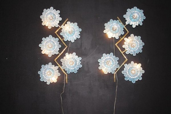 Large Iridescent Blue Murano Glass Flower Sconces, 2000s, Set of 2-YF-1421413