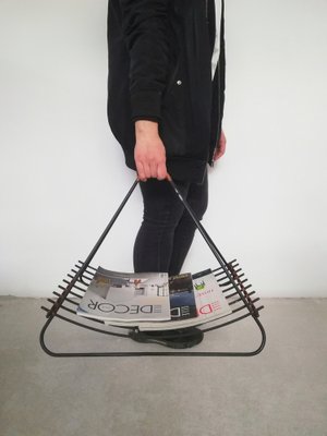 Large Iron and Rattan Magazine Rack, 1950s-UIW-1192173