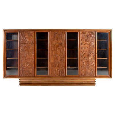 Large Italian Architectural Modern Carved Walnut and Rosewood Display Cabinet-WN-1306806