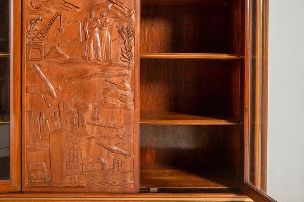 Large Italian Architectural Modern Carved Walnut and Rosewood Display Cabinet-WN-1306806