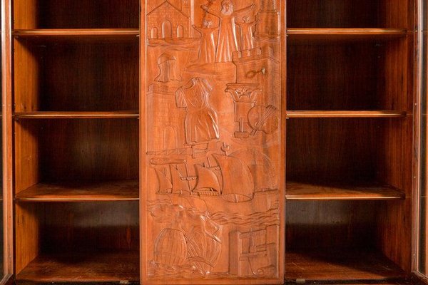 Large Italian Architectural Modern Carved Walnut and Rosewood Display Cabinet-WN-1306806