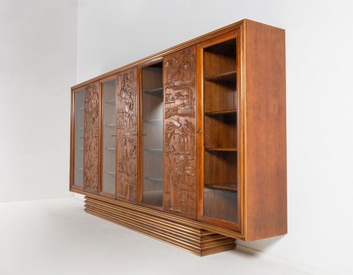 Large Italian Architectural Modern Carved Walnut and Rosewood Display Cabinet-WN-1306806