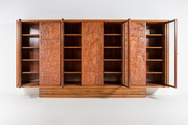 Large Italian Architectural Modern Carved Walnut and Rosewood Display Cabinet-WN-1306806