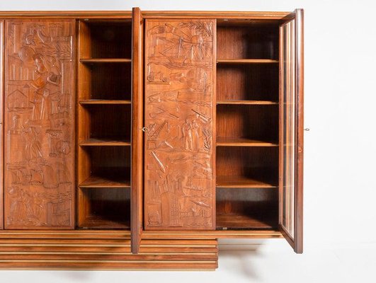 Large Italian Architectural Modern Carved Walnut and Rosewood Display Cabinet-WN-1306806