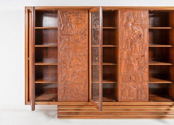 Large Italian Architectural Modern Carved Walnut and Rosewood Display Cabinet-WN-1306806