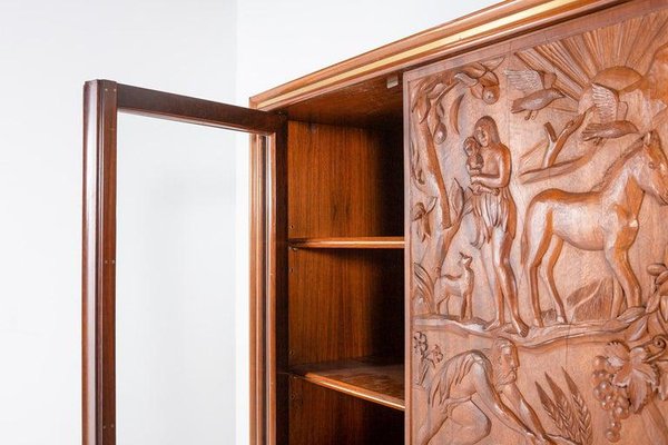 Large Italian Architectural Modern Carved Walnut and Rosewood Display Cabinet-WN-1306806