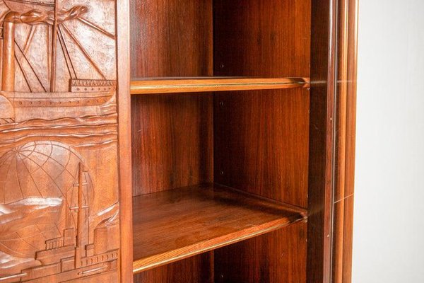 Large Italian Architectural Modern Carved Walnut and Rosewood Display Cabinet-WN-1306806