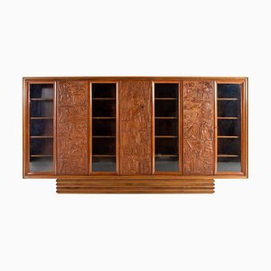 Large Italian Architectural Modern Carved Walnut and Rosewood Display Cabinet-WN-1306806