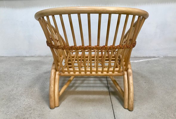 Large Italian Bamboo Lounge Chair with Leather Lacings, 1970s-JP-698639