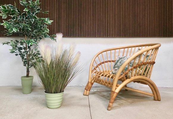 Large Italian Bamboo Lounge Chair with Leather Lacings, 1970s-JP-698639