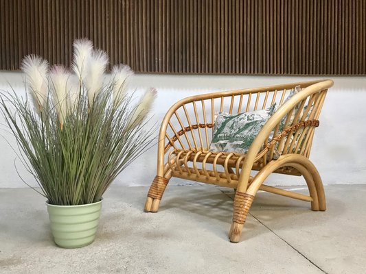 Large Italian Bamboo Lounge Chair with Leather Lacings, 1970s-JP-698639