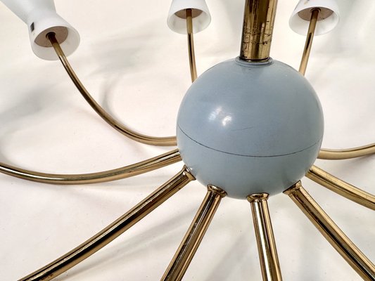 Large Italian Brass Sputnik 10-Light Chandelier with Opaline Glass Double-Cone Lampshades, 1950s-JP-1818025