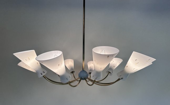 Large Italian Brass Sputnik 10-Light Chandelier with Opaline Glass Double-Cone Lampshades, 1950s-JP-1818025