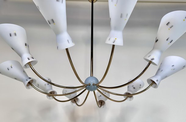 Large Italian Brass Sputnik 10-Light Chandelier with Opaline Glass Double-Cone Lampshades, 1950s-JP-1818025