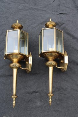 Large Italian Brass Wall Lanterns and Molated Windows, 1970s, Set of 2-EH-1278151