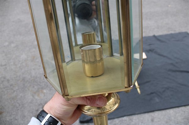 Large Italian Brass Wall Lanterns and Molated Windows, 1970s, Set of 2-EH-1278151