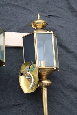 Large Italian Brass Wall Lanterns and Molated Windows, 1970s, Set of 2-EH-1278151