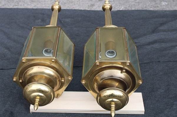 Large Italian Brass Wall Lanterns and Molated Windows, 1970s, Set of 2-EH-1278151