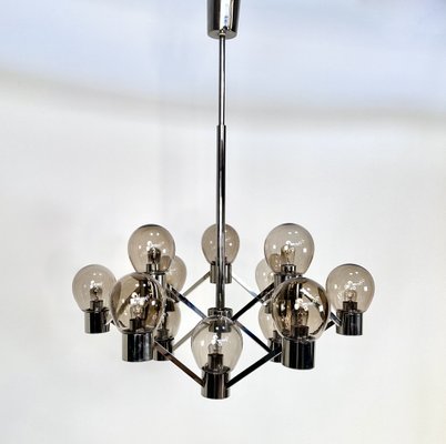 Large Italian Chromed 3d-Grid-Structure Chandelier with 12 Smoked Glass Domes, 1960s-JP-1818327