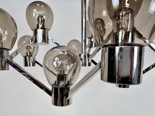 Large Italian Chromed 3d-Grid-Structure Chandelier with 12 Smoked Glass Domes, 1960s-JP-1818327