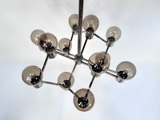 Large Italian Chromed 3d-Grid-Structure Chandelier with 12 Smoked Glass Domes, 1960s-JP-1818327