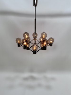 Large Italian Chromed 3d-Grid-Structure Chandelier with 12 Smoked Glass Domes, 1960s-JP-1818327