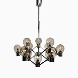 Large Italian Chromed 3d-Grid-Structure Chandelier with 12 Smoked Glass Domes, 1960s-JP-1818327