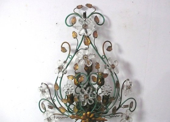 Large Italian Florentine Style Wall Sconce in Green Metal with Crystal Flowers, 1960s-HIZ-1780788