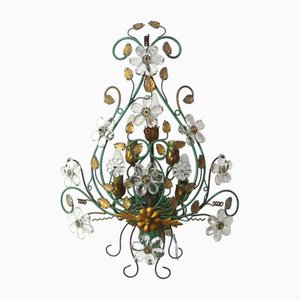 Large Italian Florentine Style Wall Sconce in Green Metal with Crystal Flowers, 1960s-HIZ-1780788