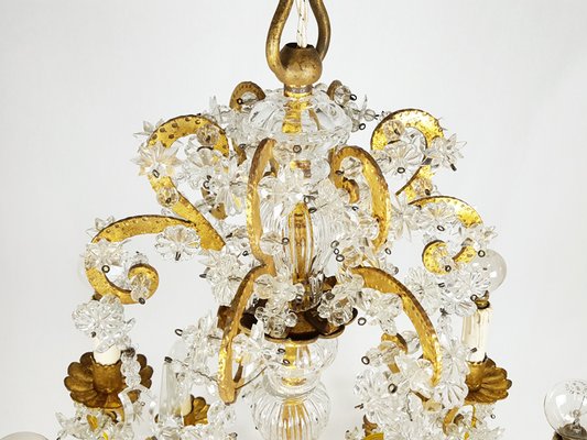 Large Italian Gold Leaf Metal and Faceted Crystal 12-Light Chandelier, 1930s-RD-1718048