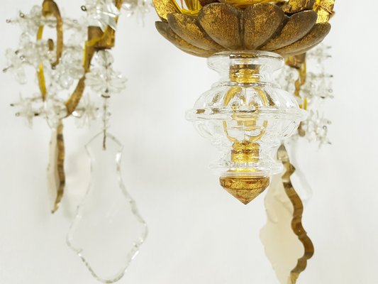 Large Italian Gold Leaf Metal and Faceted Crystal 12-Light Chandelier, 1930s-RD-1718048