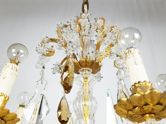 Large Italian Gold Leaf Metal and Faceted Crystal 12-Light Chandelier, 1930s-RD-1718048