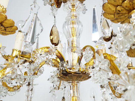 Large Italian Gold Leaf Metal and Faceted Crystal 12-Light Chandelier, 1930s-RD-1718048