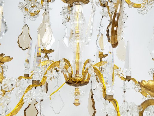 Large Italian Gold Leaf Metal and Faceted Crystal 12-Light Chandelier, 1930s-RD-1718048