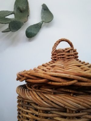 Large Italian Hand-Woven Willow Basket with Lid, 1950s-UIW-1303995